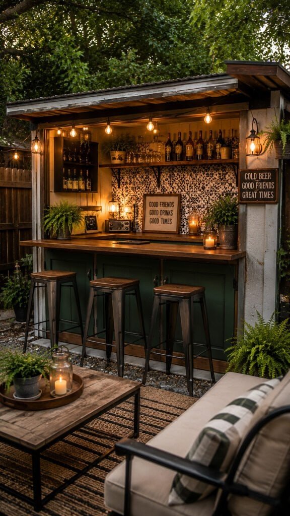 Cozy backyard bar with string lights
