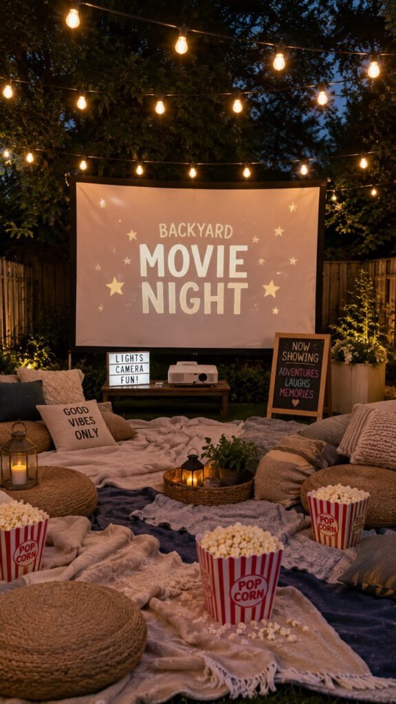 Cozy backyard movie night atmosphere