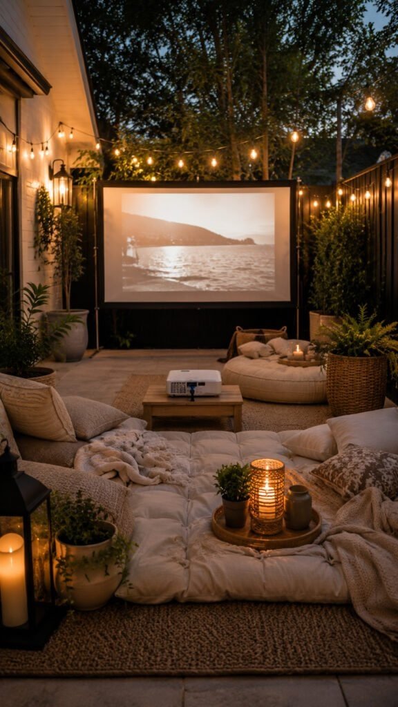 Cozy backyard movie night under lights