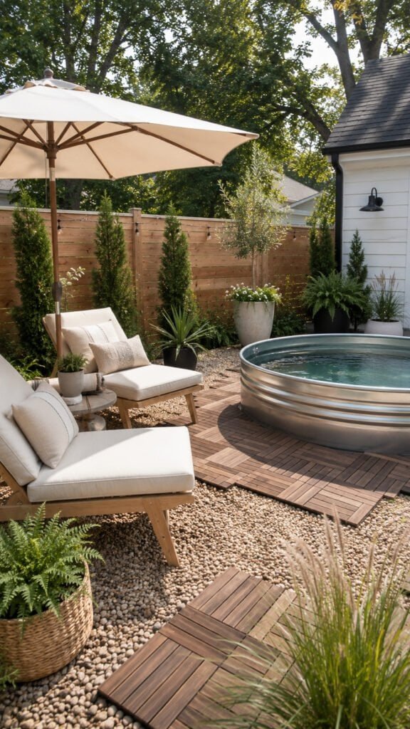 Cozy backyard patio oasis in daylight