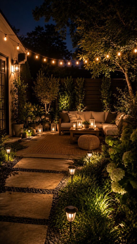 Cozy backyard patio under string lights