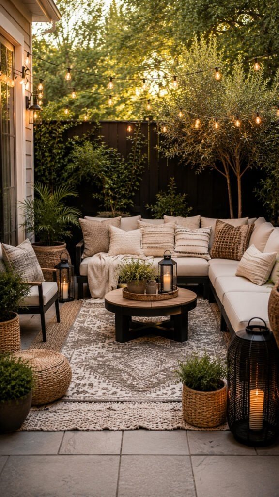 Cozy boho backyard patio at sunset