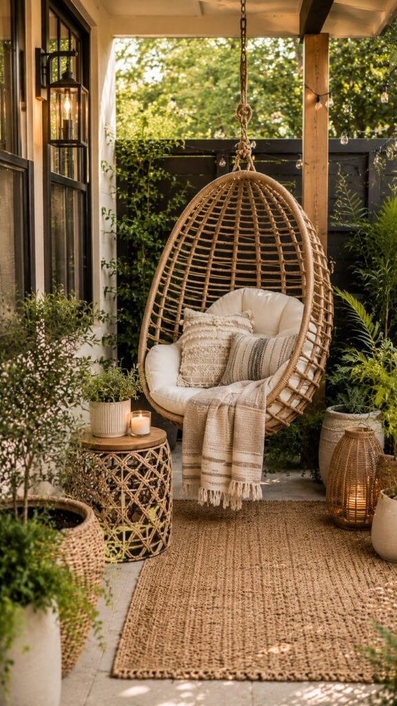 Cozy boho outdoor retreat with greenery