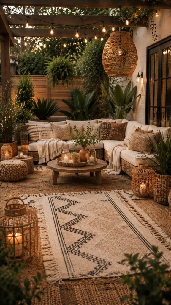 Cozy boho patio at dusk