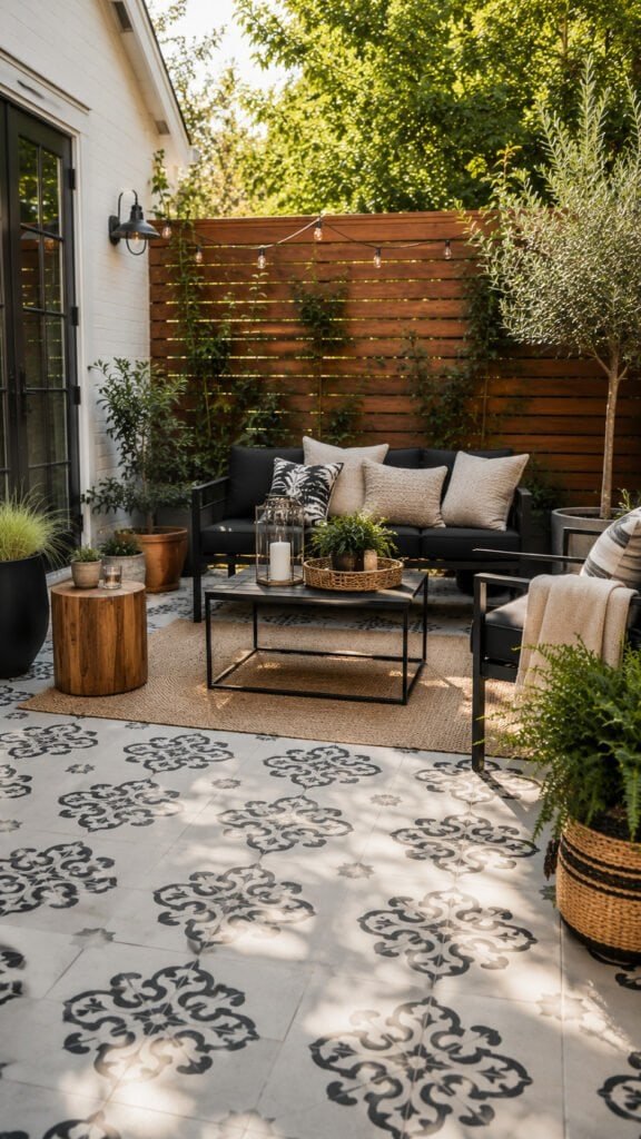 Cozy boho patio in warm sunlight