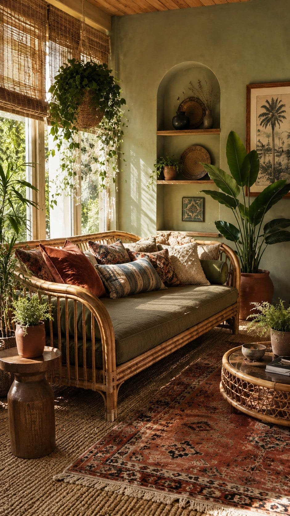 Cozy boho sunroom with plants