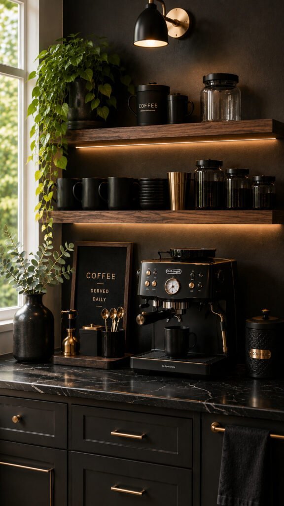Cozy coffee nook with gold accents