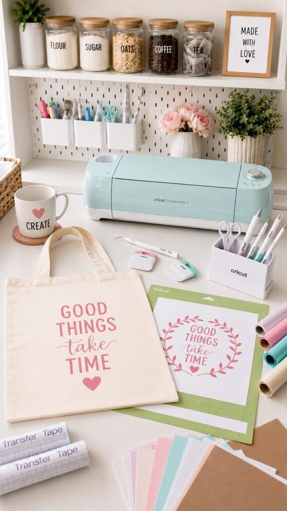 Cozy crafting workspace with Cricut setup