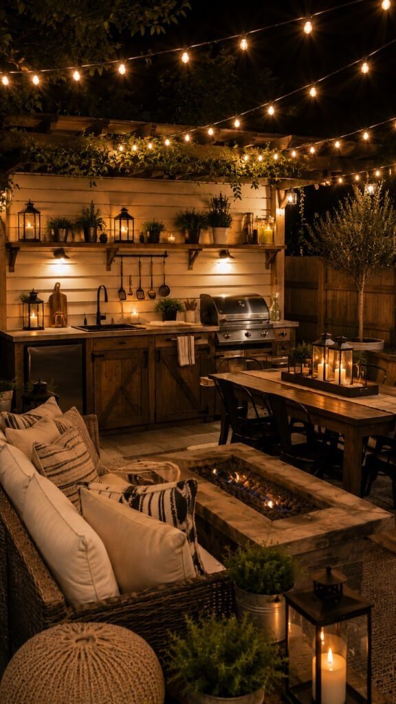 Cozy garden patio with candlelight ambiance