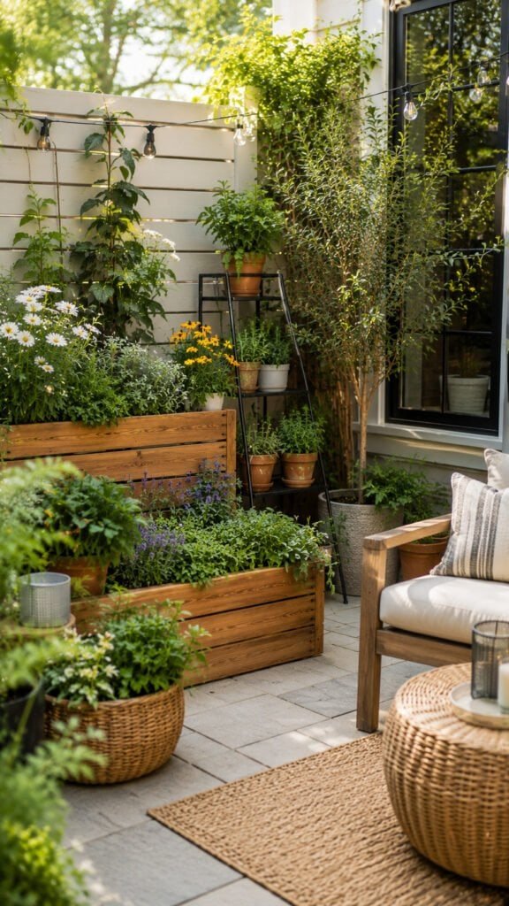 Cozy garden patio with lush greenery