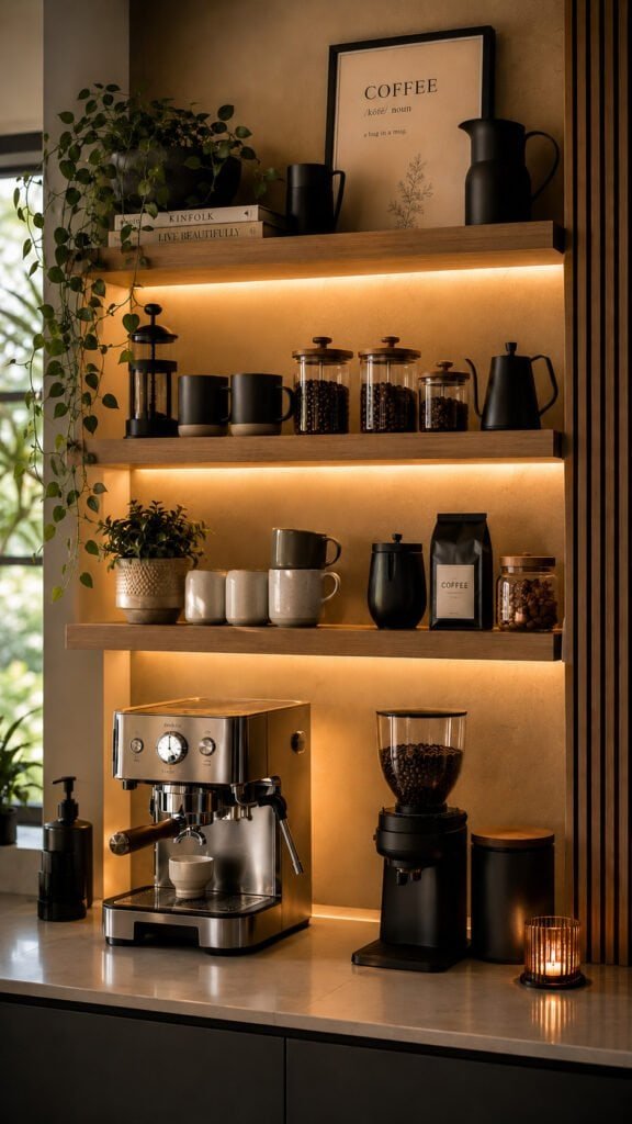 Cozy modern coffee corner with plants