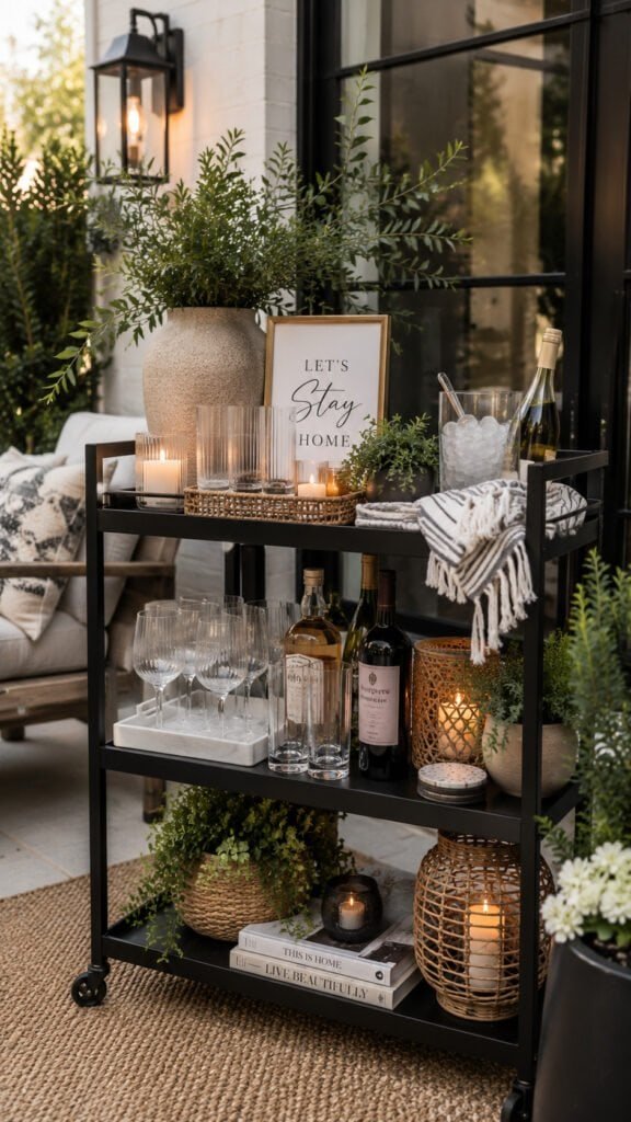 Cozy outdoor bar cart vignette
