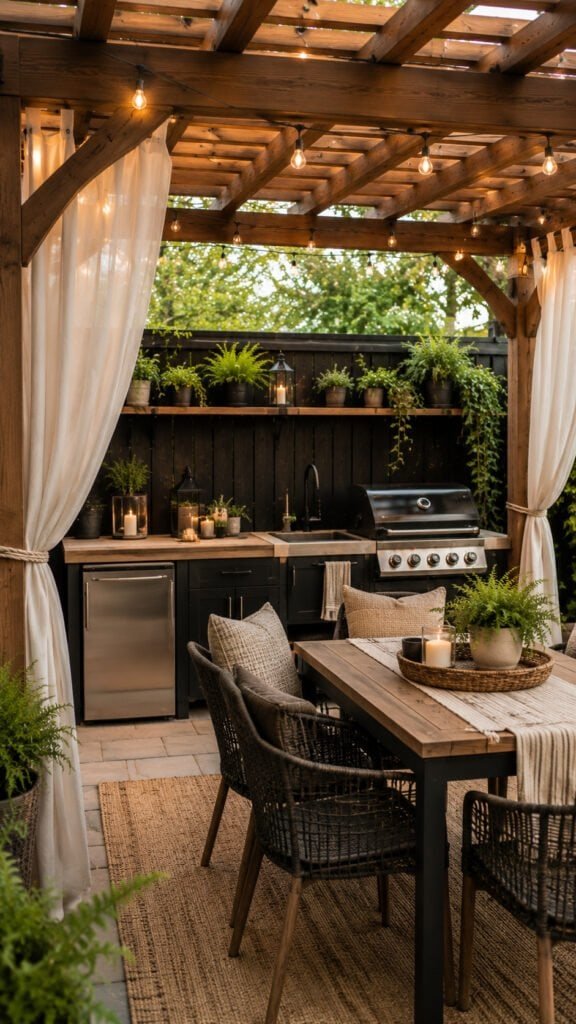 Cozy outdoor dining under pergola lights