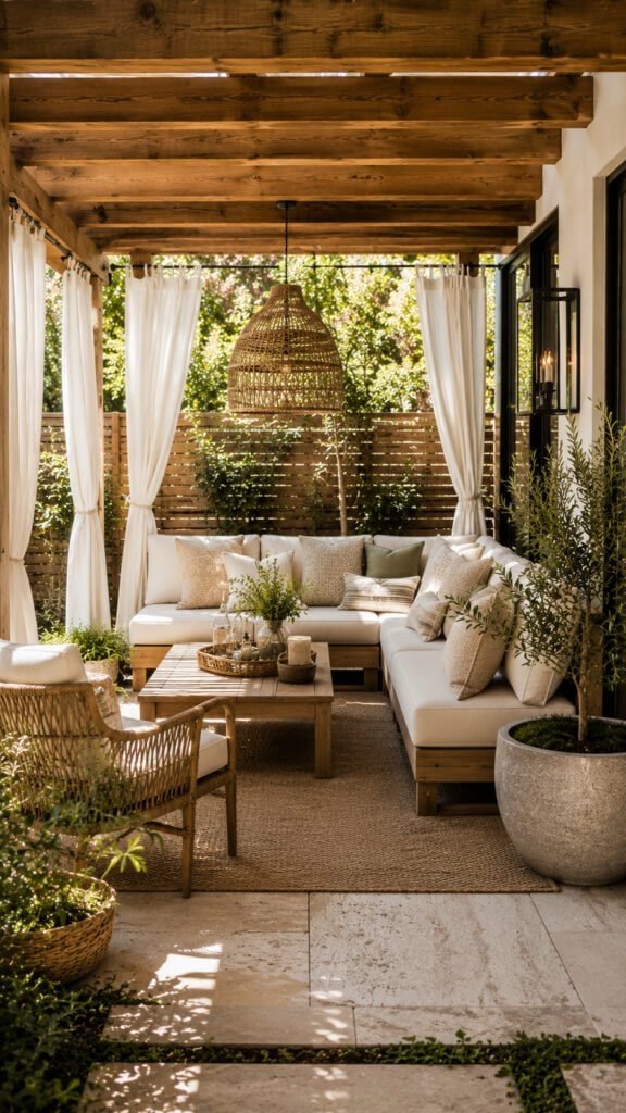 Cozy outdoor lounge under a pergola