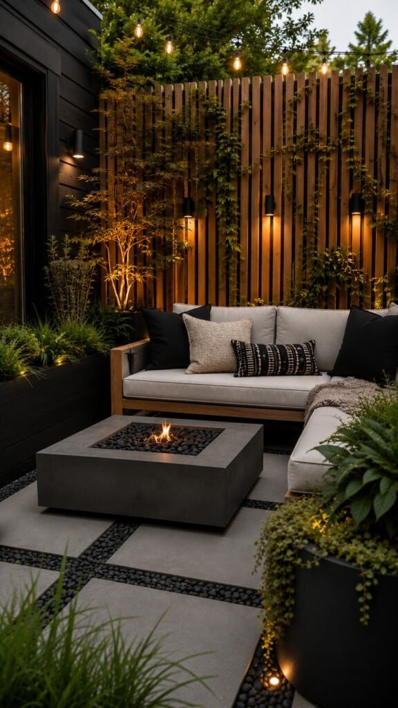 Cozy outdoor patio at dusk