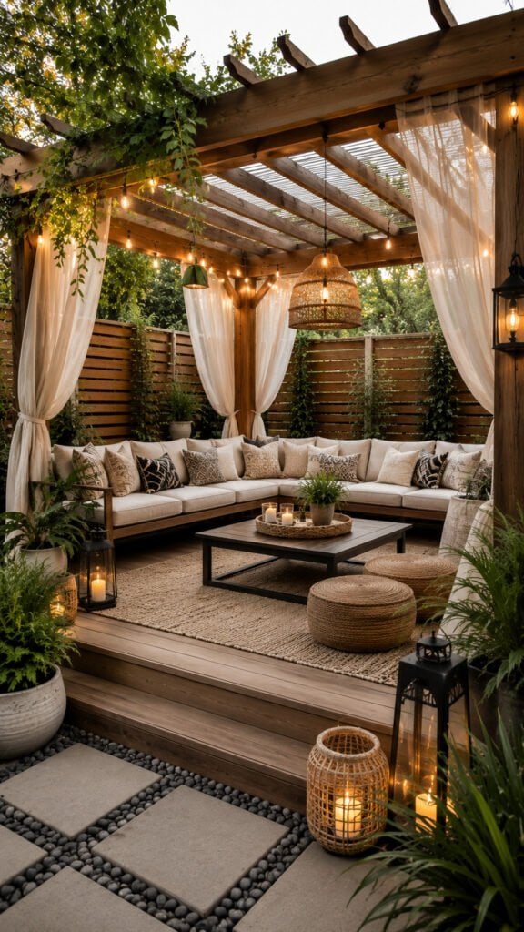 Cozy outdoor patio under pergola lights