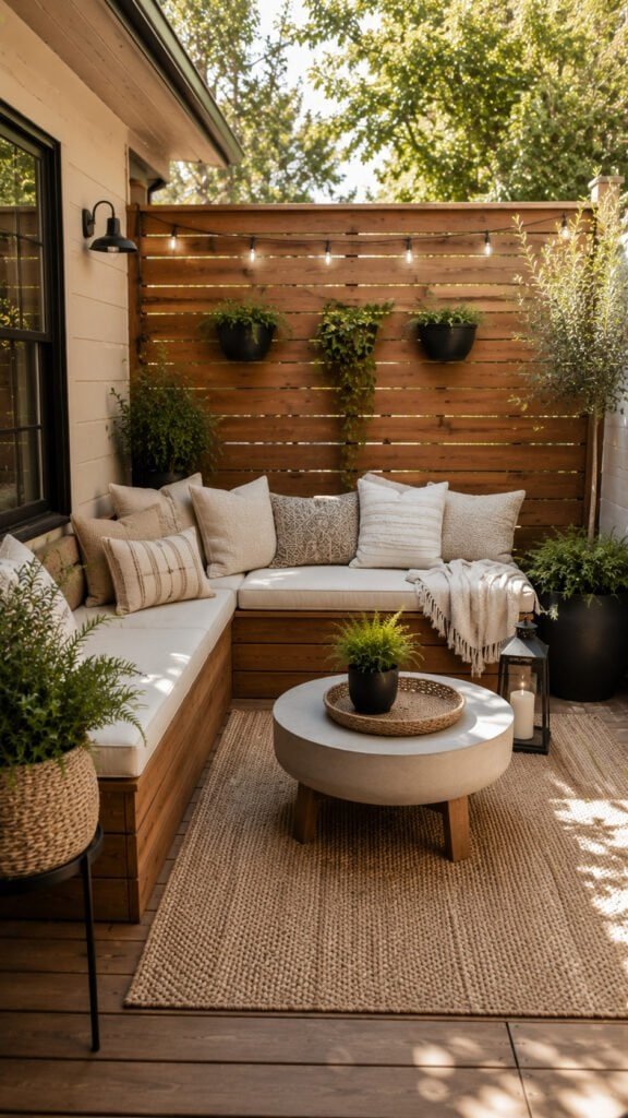 Cozy outdoor patio with greenery and lights