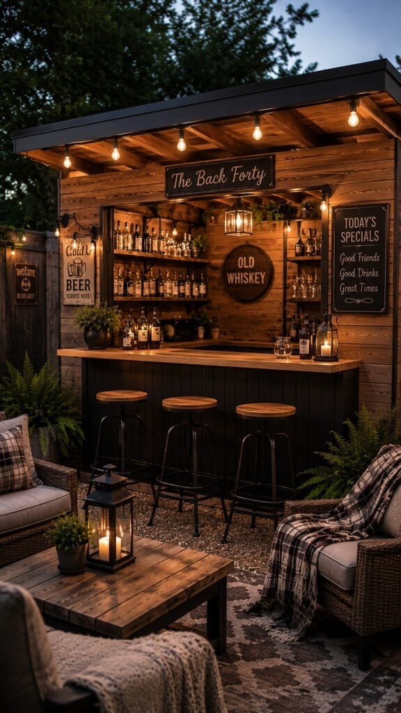 Cozy rustic backyard bar at dusk