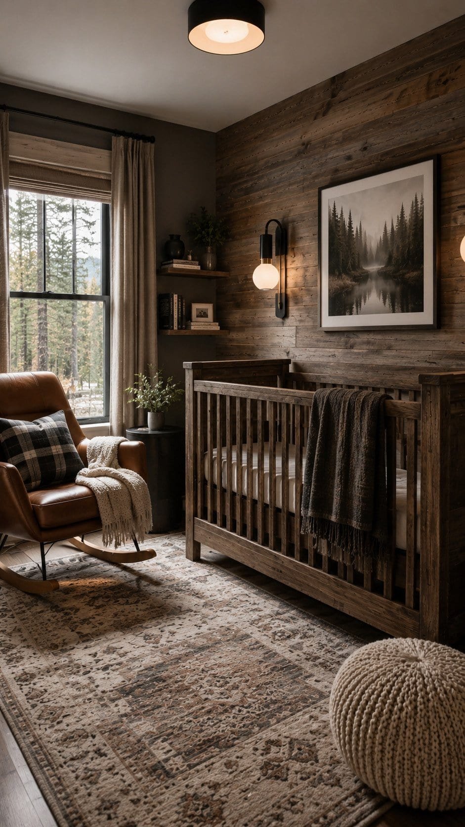 Cozy rustic nursery with forest view