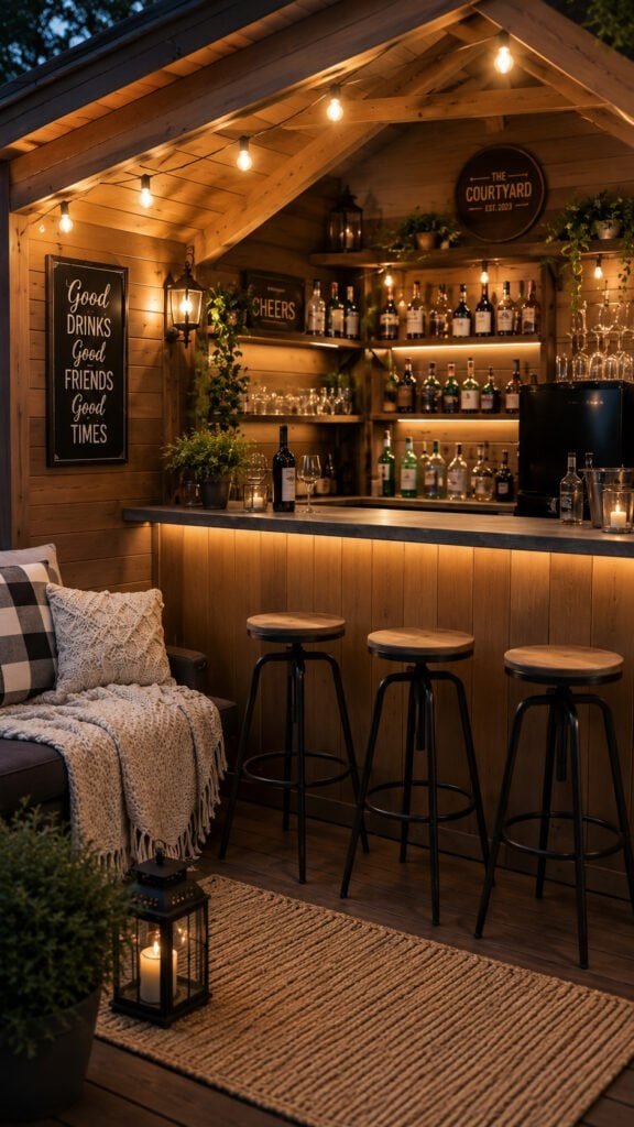 Rustic backyard bar with warm ambiance