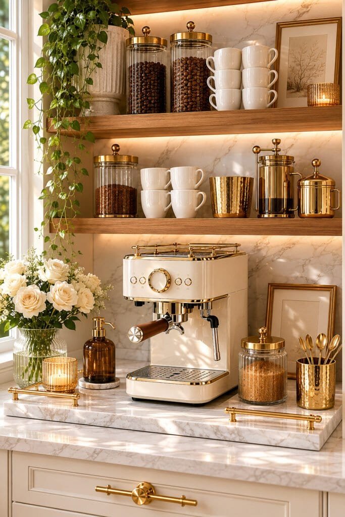 Elegant coffee bar with warm accents