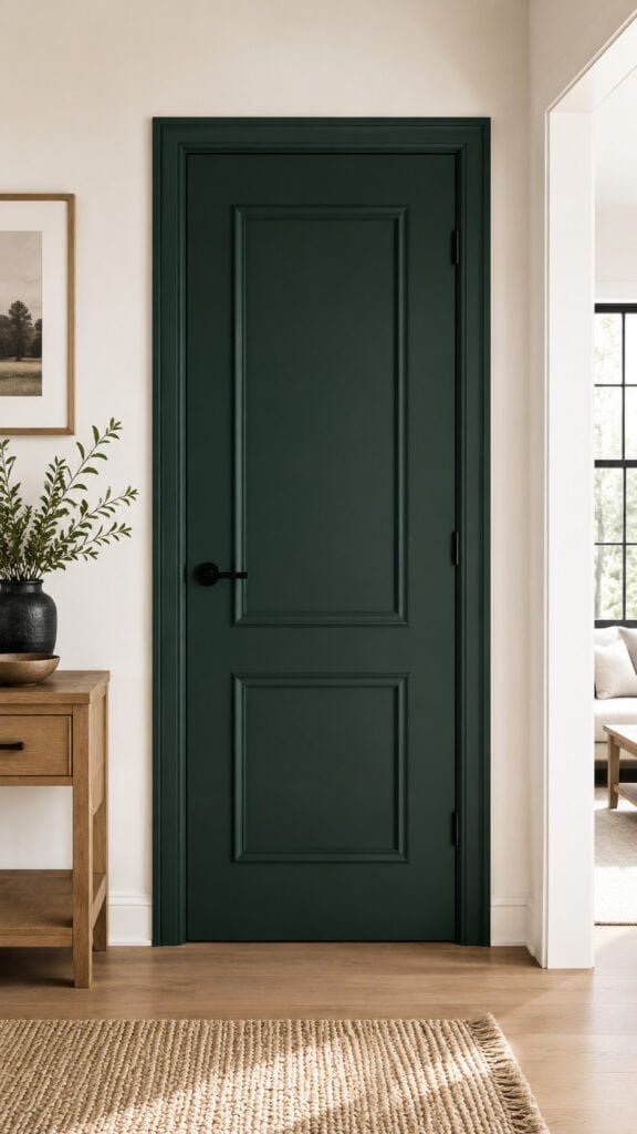 Minimalist hallway with forest green door