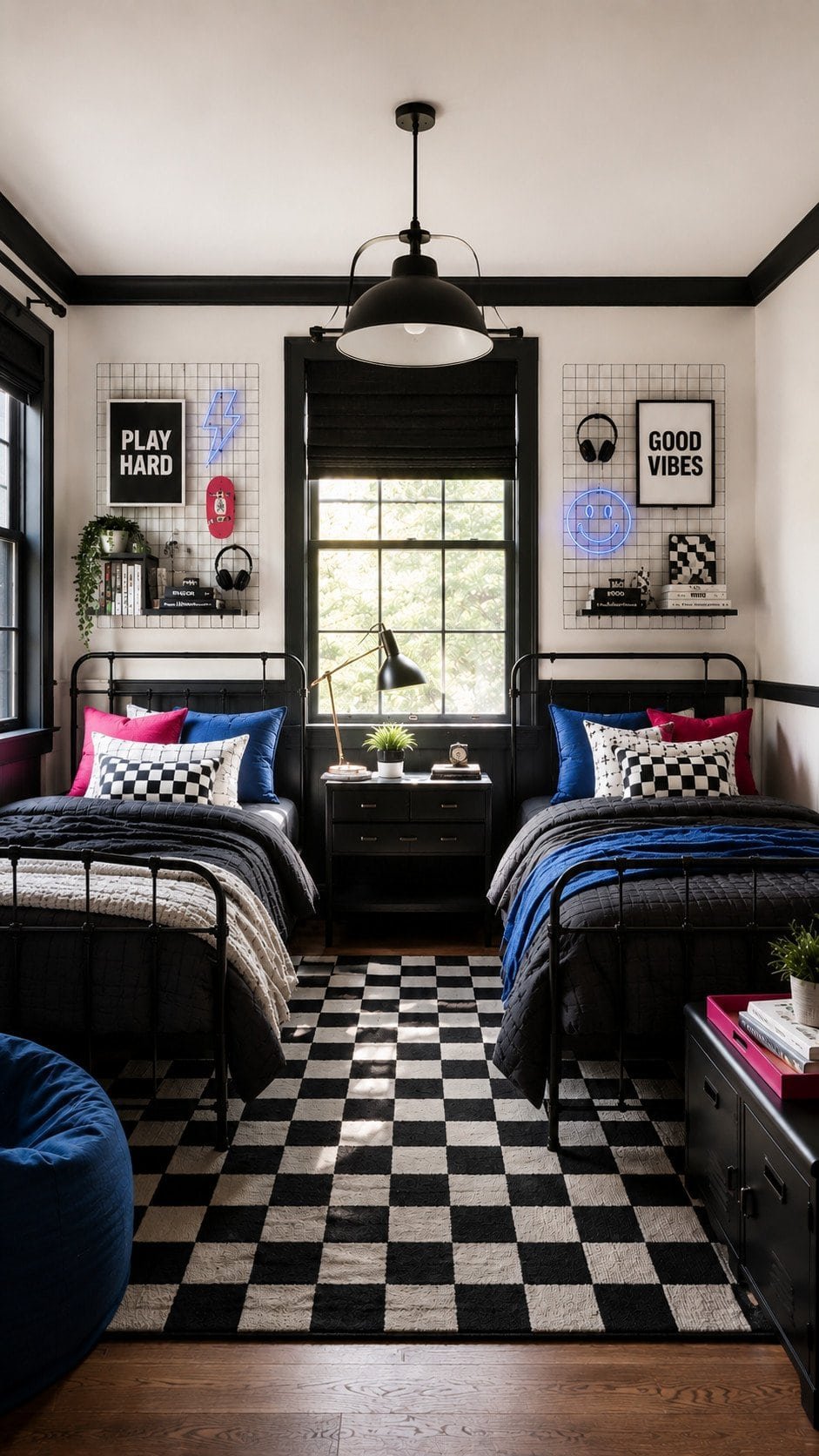 Modern industrial youth bedroom with bold accents