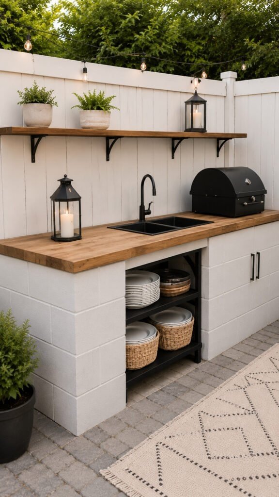 Modern outdoor kitchen with vibrant greenery