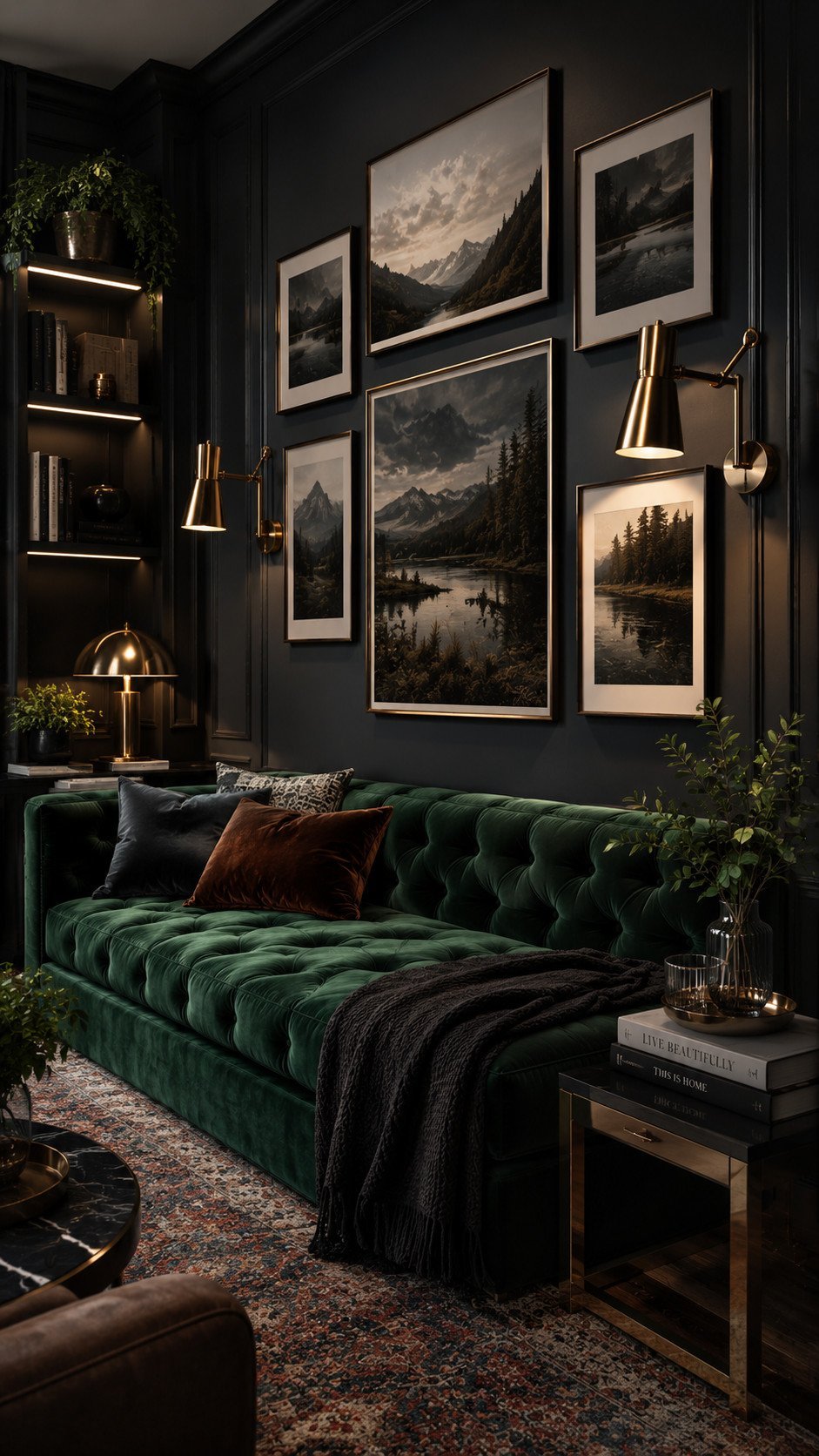 Moody luxe living room vignette