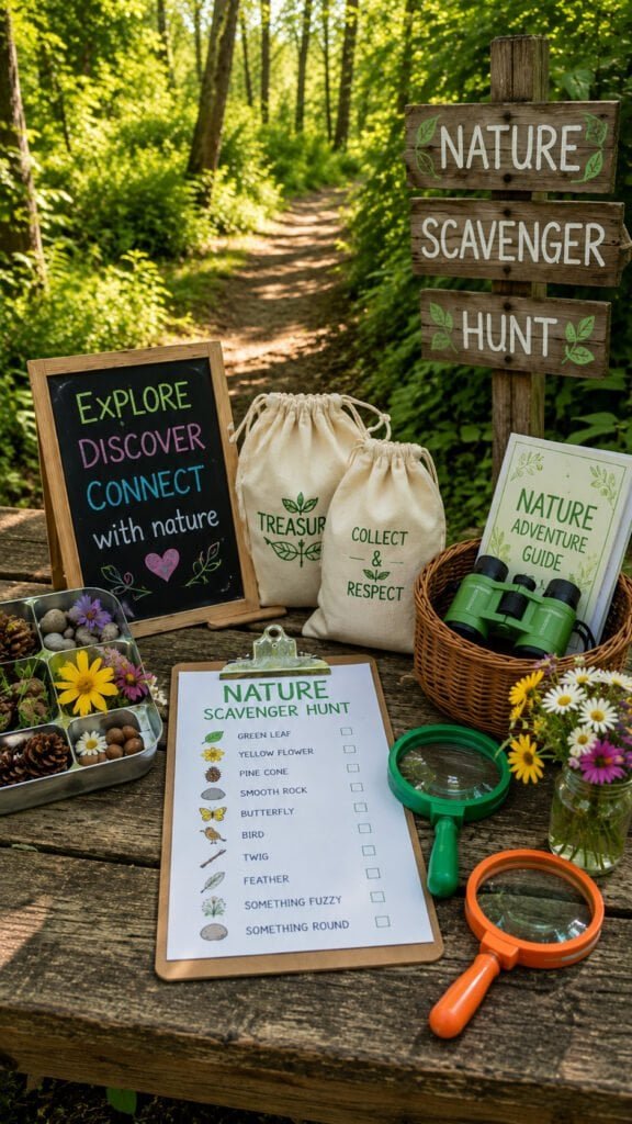Nature scavenger hunt setup in the woods