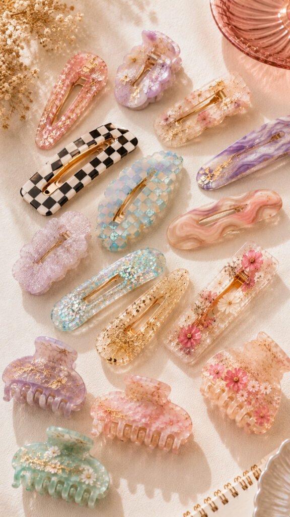Pastel resin hair accessories flatlay