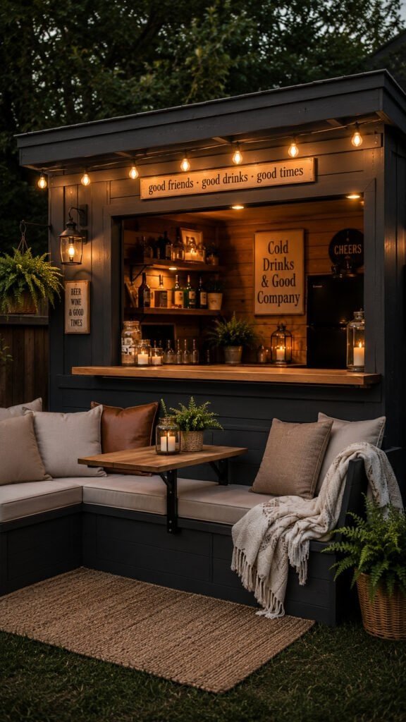 Pub Shed with Built-In Bench