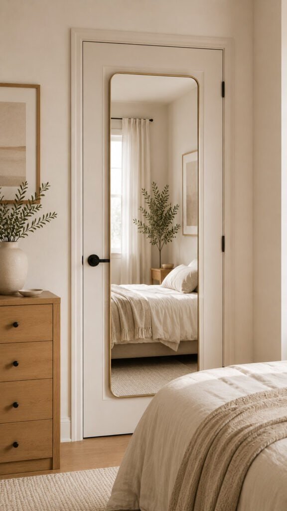 Serene minimalist bedroom with mirror reflection