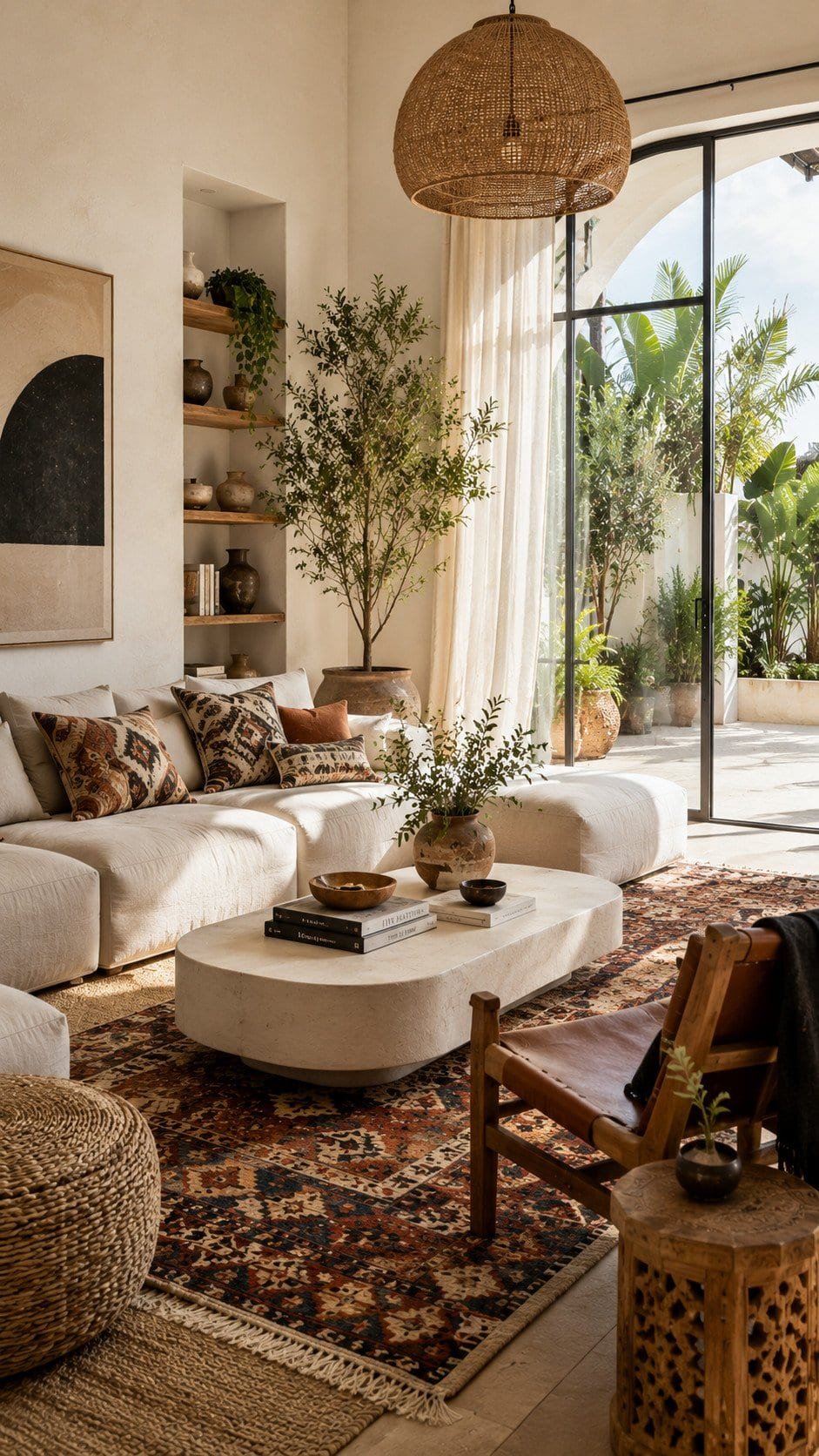 Sunlit boho living room with greenery
