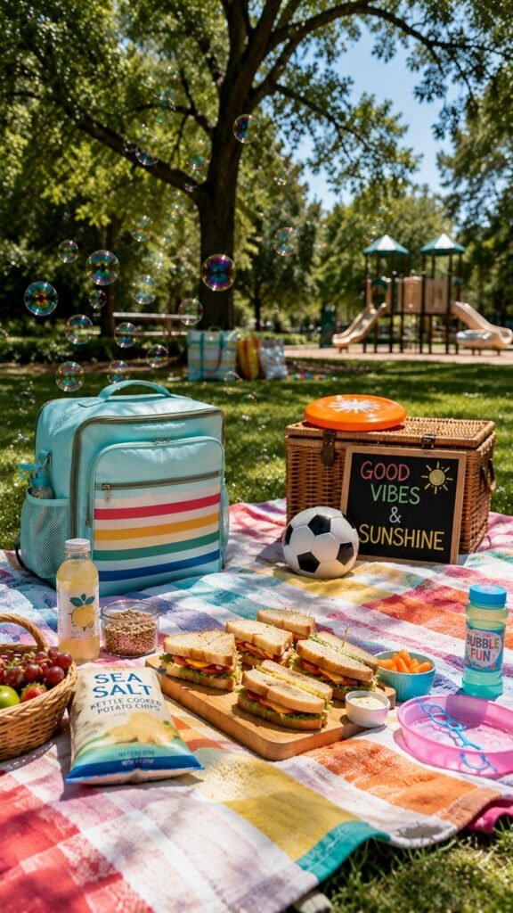 Sunny picnic with bubbles and snacks
