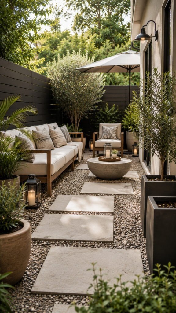 Tranquil minimalist patio with greenery