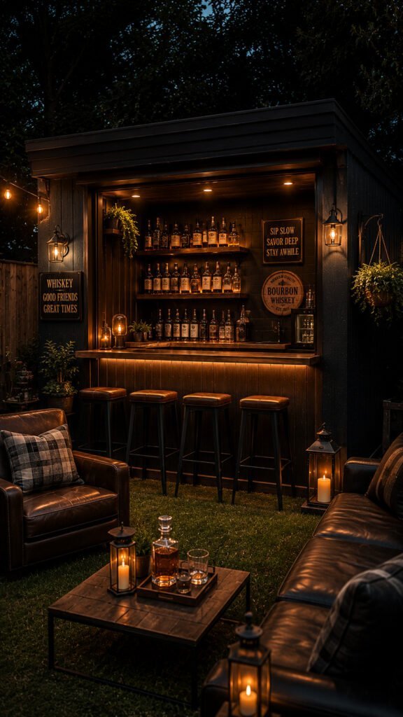Whiskey bar under warm string lights
