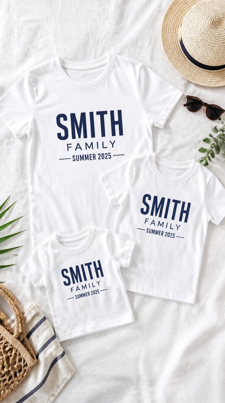 Three matching white family t-shirts in adult, child, and toddler sizes with Smith Family Summer 2025 navy iron-on vinyl