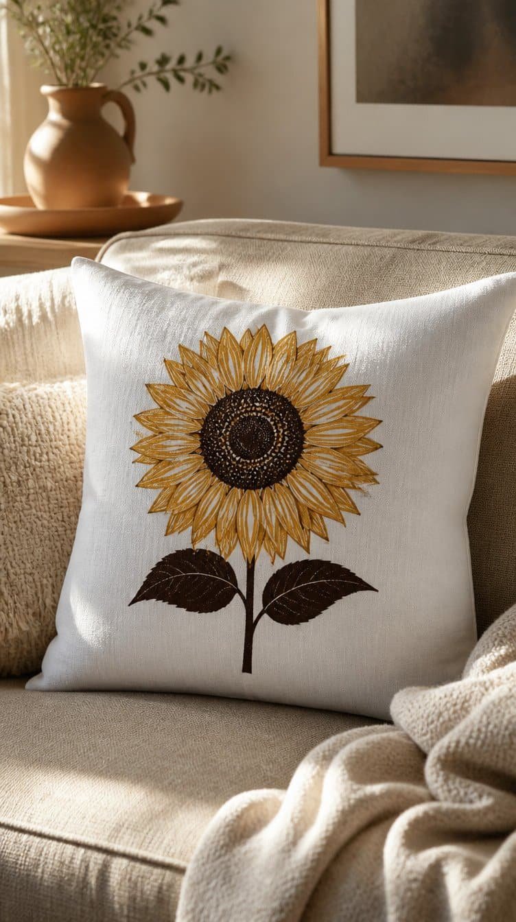 White linen pillow cover with yellow and brown sunflower iron-on vinyl design on natural linen sofa cushion
