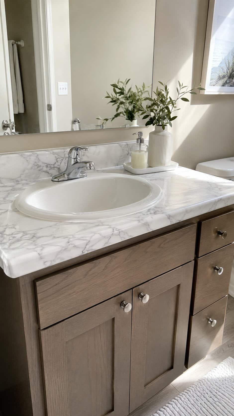 marble like vanity - contact paper bathroom ideas