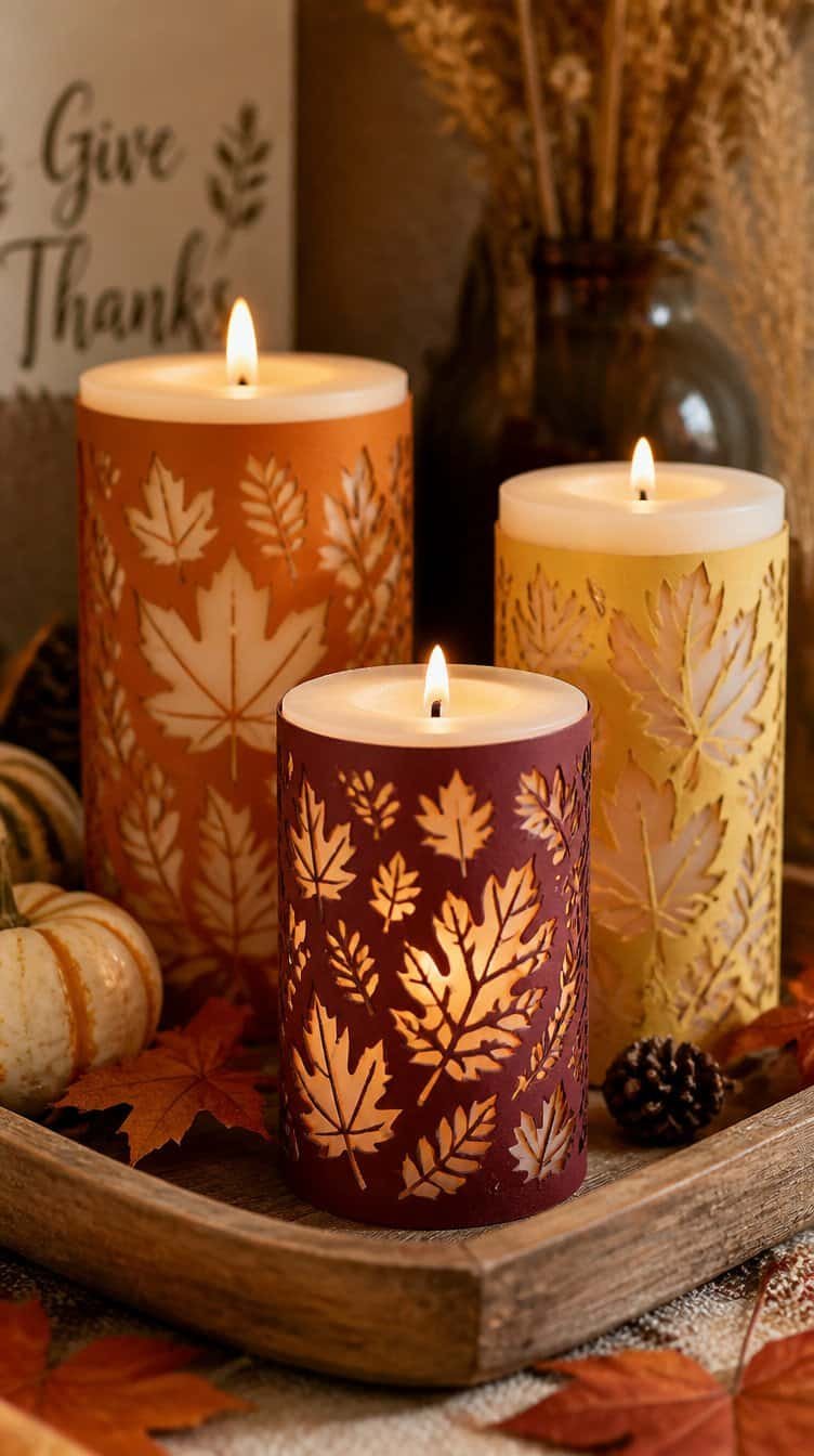 Candle wraps with Cricut cut fall leaf pattern