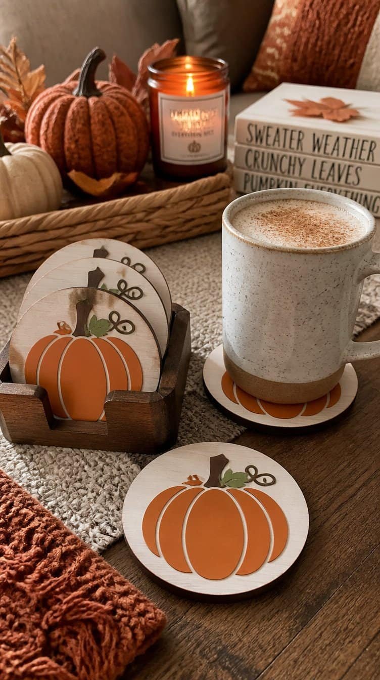 Fall coaster set with Cricut cut wood and vinyl design