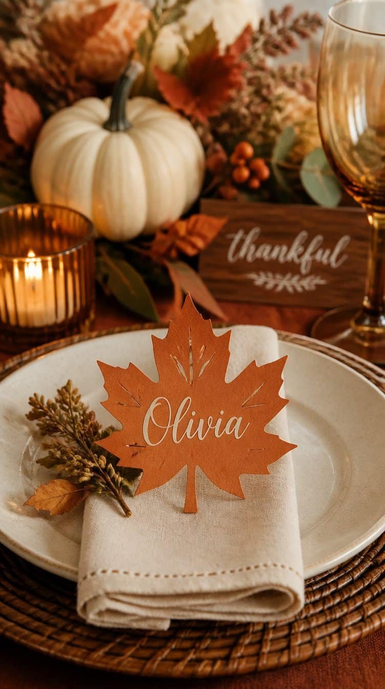 Thanksgiving place cards with Cricut cut leaf shapes