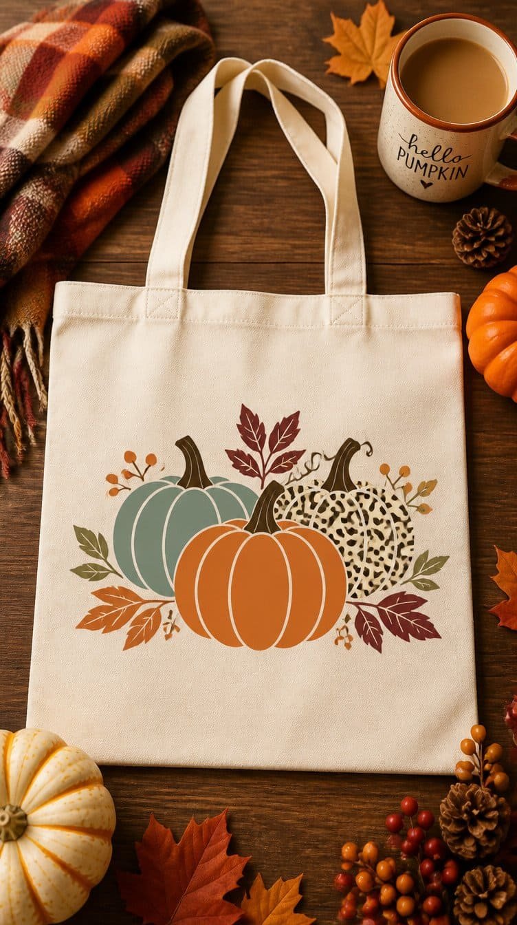 Canvas tote bag with Cricut iron-on autumn design