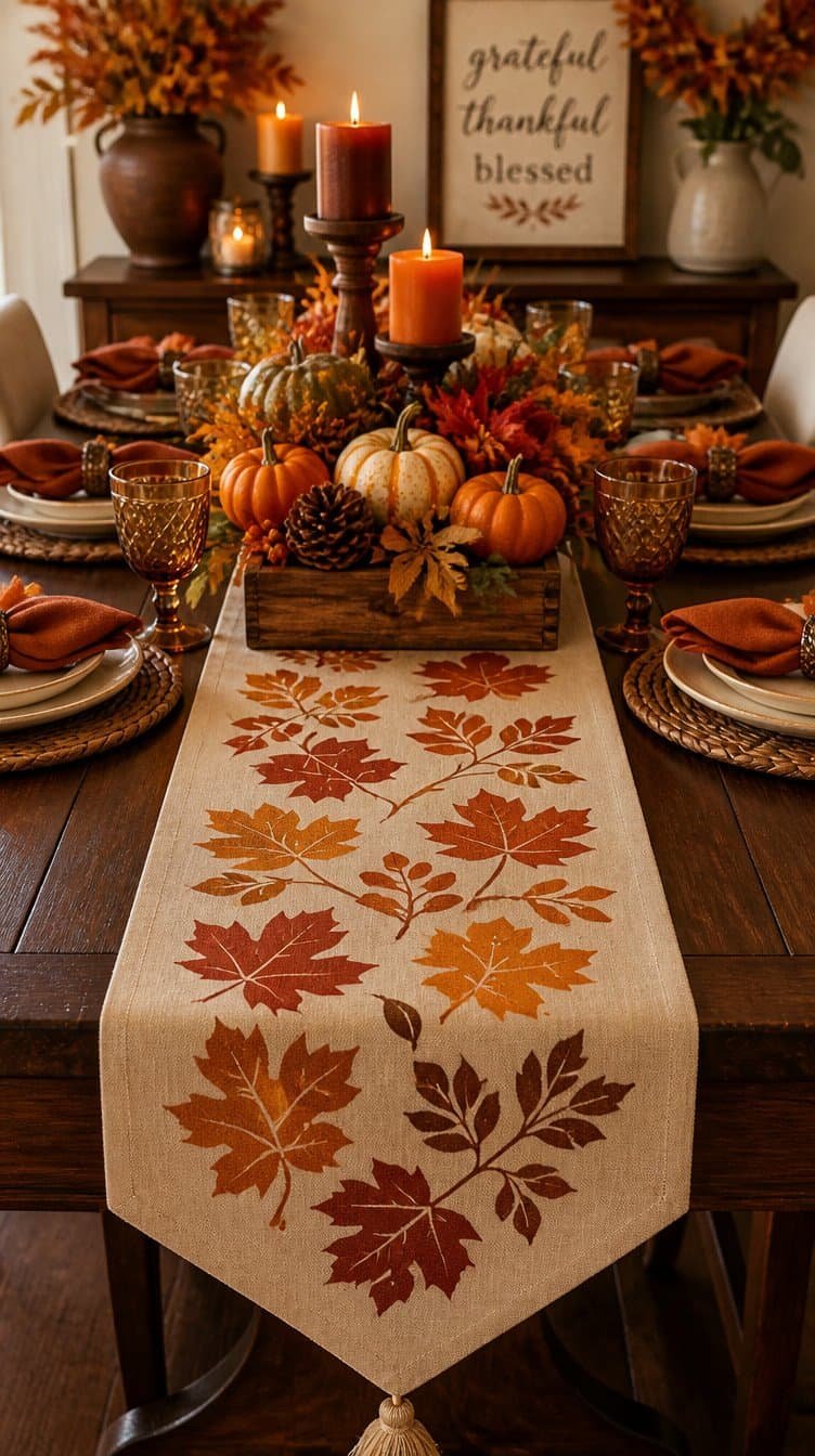 Autumn table runner with Cricut stencil design