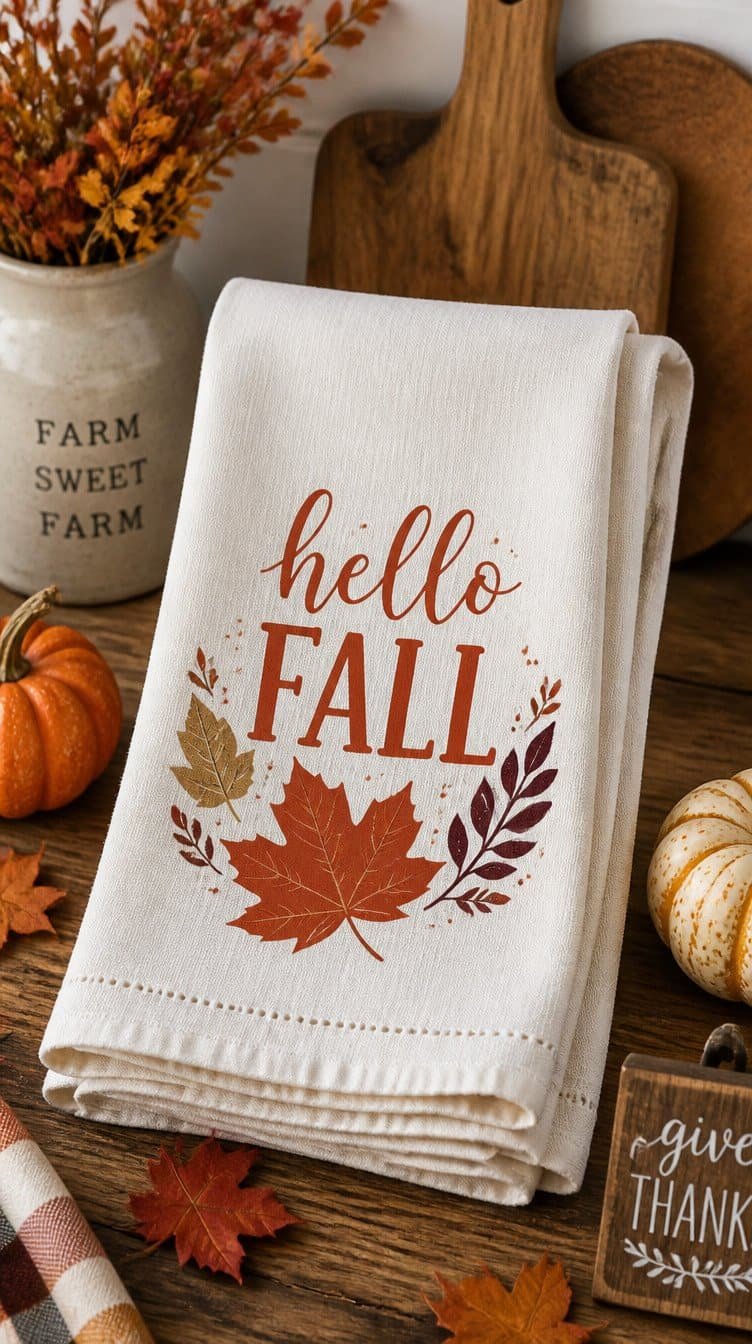 Fall kitchen towels with Cricut iron-on design