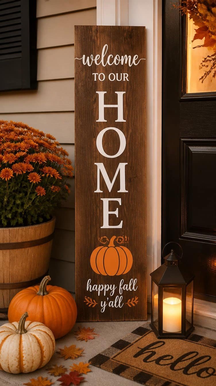 Front porch welcome sign with Cricut vinyl lettering
