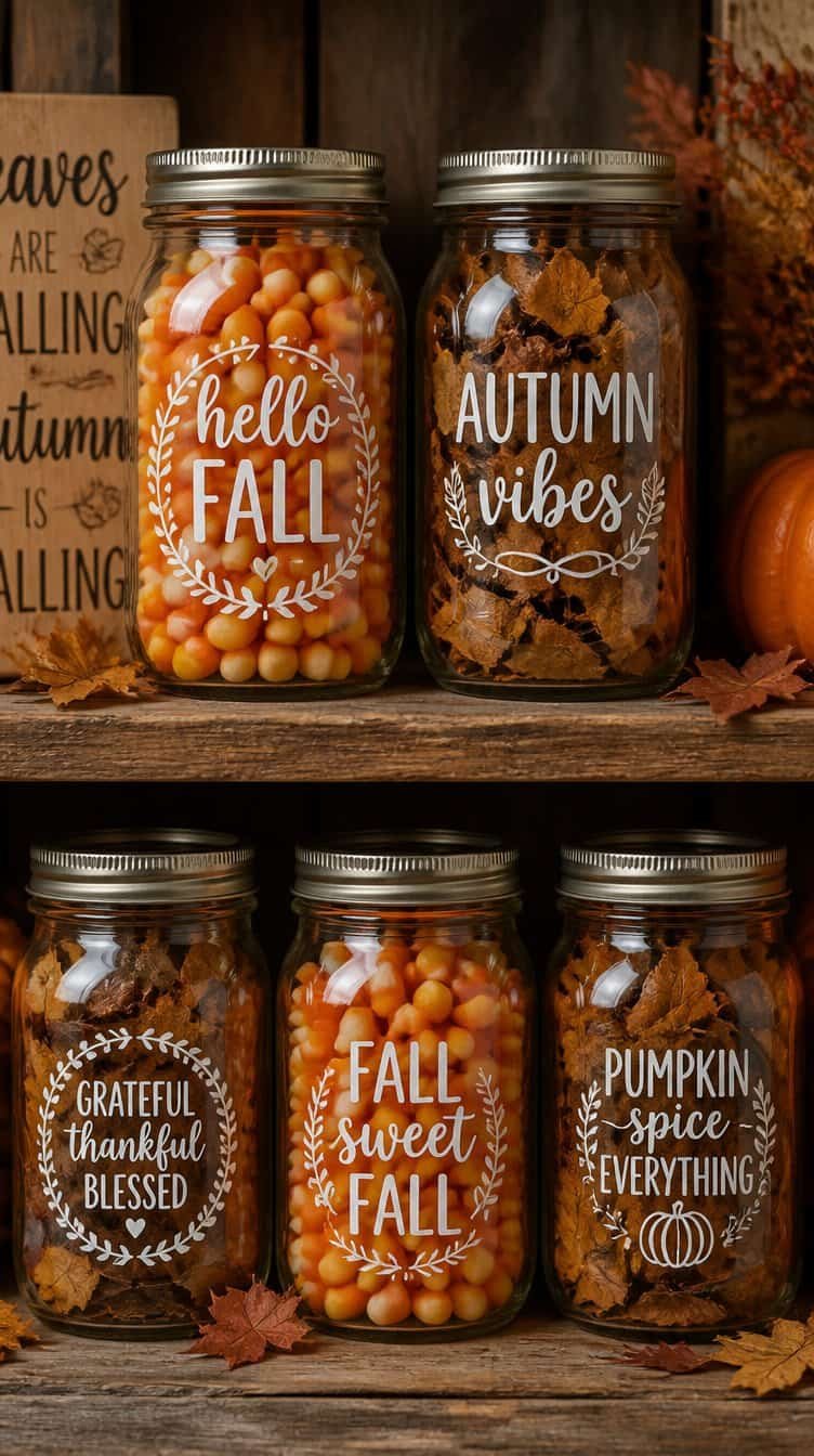 Mason jars with Cricut vinyl fall labels