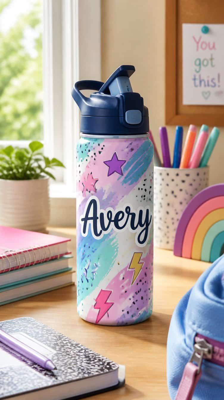 Kids water bottle with custom vinyl name decal and colorful pattern