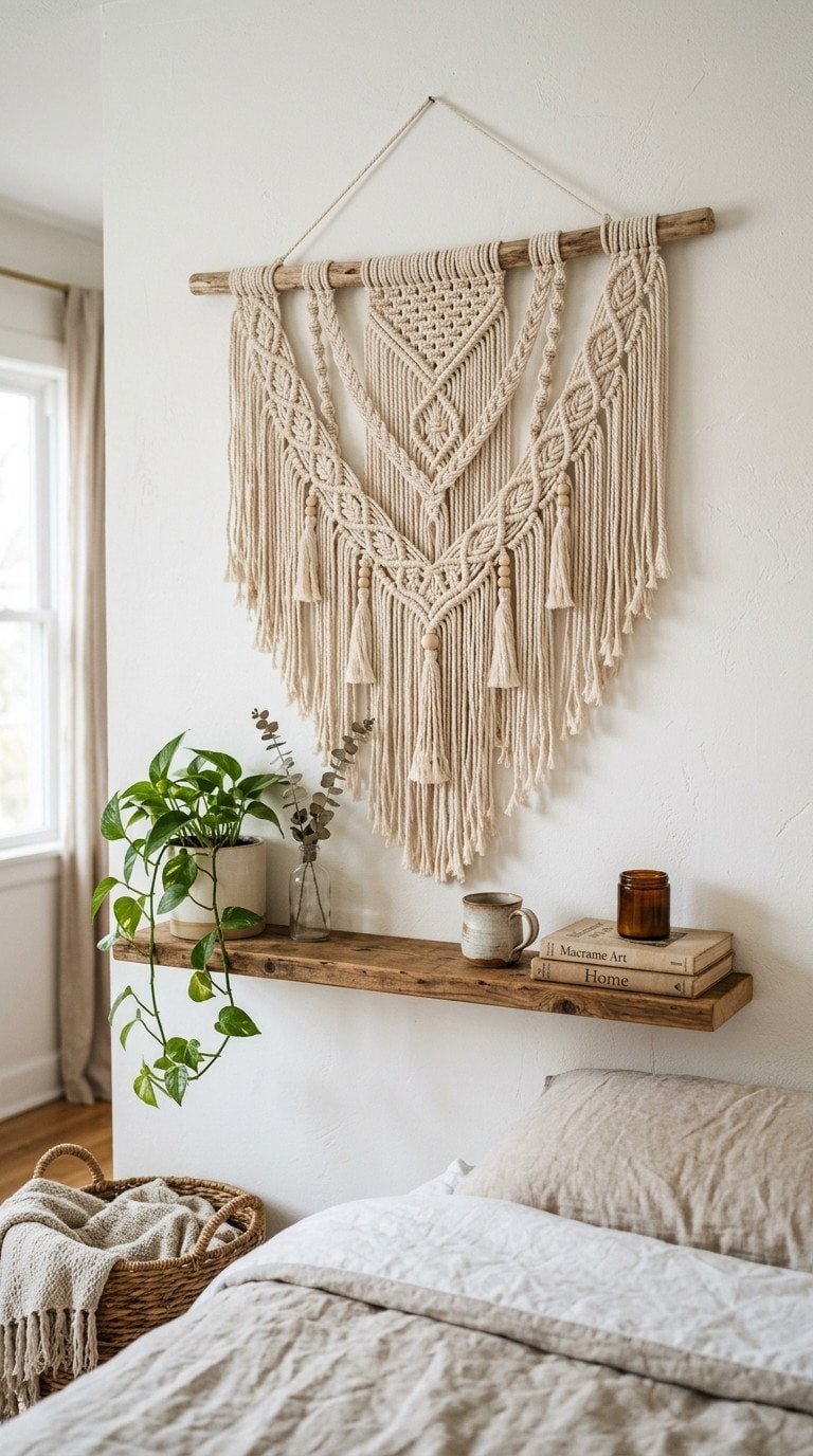 boho macrame wall hanging in natural cotton rope on a white bedroom wall above a wooden shelf